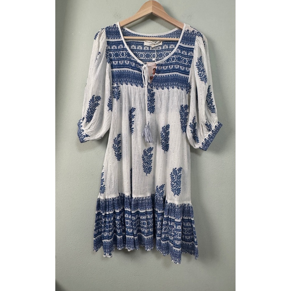 Daughters of India Mishka‎ Dress Blue White Boho Metallic Lurex Mini Size L NEW - Picture 3 of 12